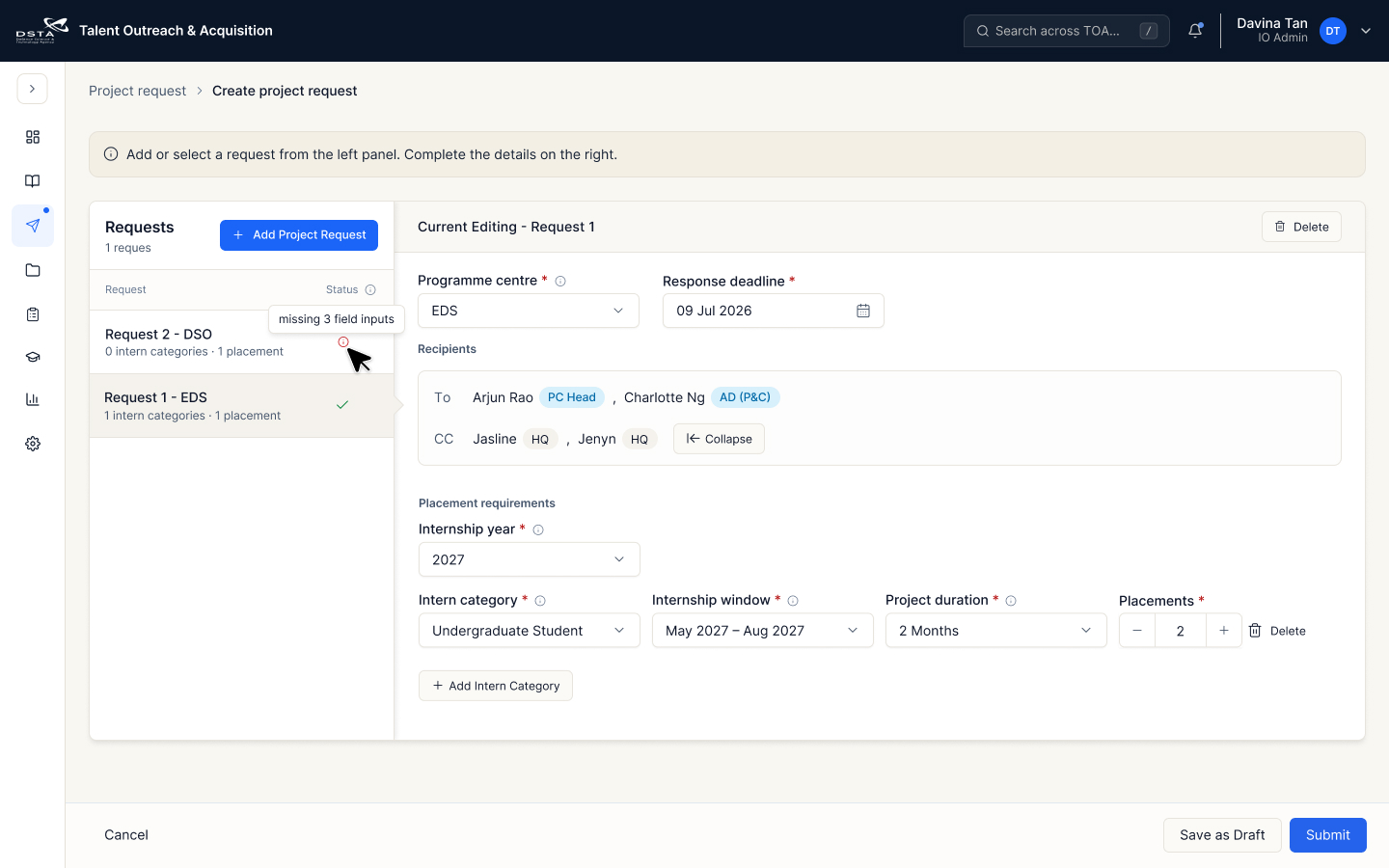 Create project request after the reviewed updates